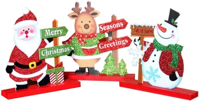 Décorations en bois peint pour table de Noël avec le Père Noël accompagné de son fidèle renne et d'un bonhomme de neige – Idées de décoration pour table de Noël