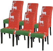 Housses de chaise de Noël en microfibre rouge extensible lavable avec motif rennes – Idées de décoration pour table de Noël