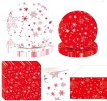 Ensemble de vaisselle jetable de Noël avec motifs flocons de neige, nappe, assiettes, tasses, gobelets et serviettes en papier – Idées de décoration pour table de Noël